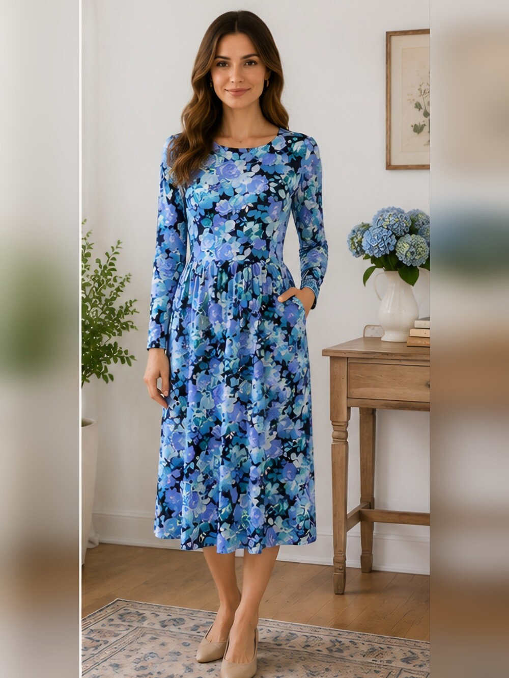 Vintage 90s Britland Blue Floral Maxi Dress Cottagecore Prairie Size 7